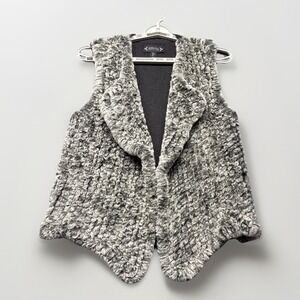 Nanette Lepore Faux Fur Vest Women's L Gray Black Open Front Sweater Knit Furry